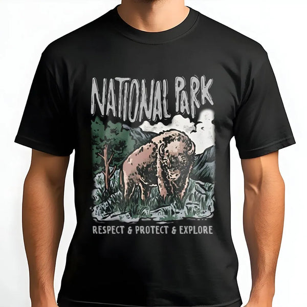 Bison National Park T-Shirt | Vintage Wildlife Graphic Print | Premium Soft Cotton | Nature Lover Gift for Hikers and Campers