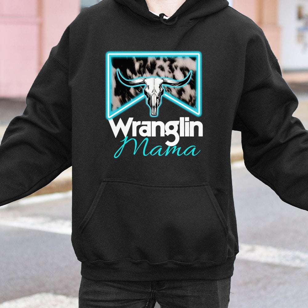 Wranglin Mama Hoodie | Western Cow Skull Graphic Design | Premium Cotton-Poly Blend | Country Ranch Life Gift For Her