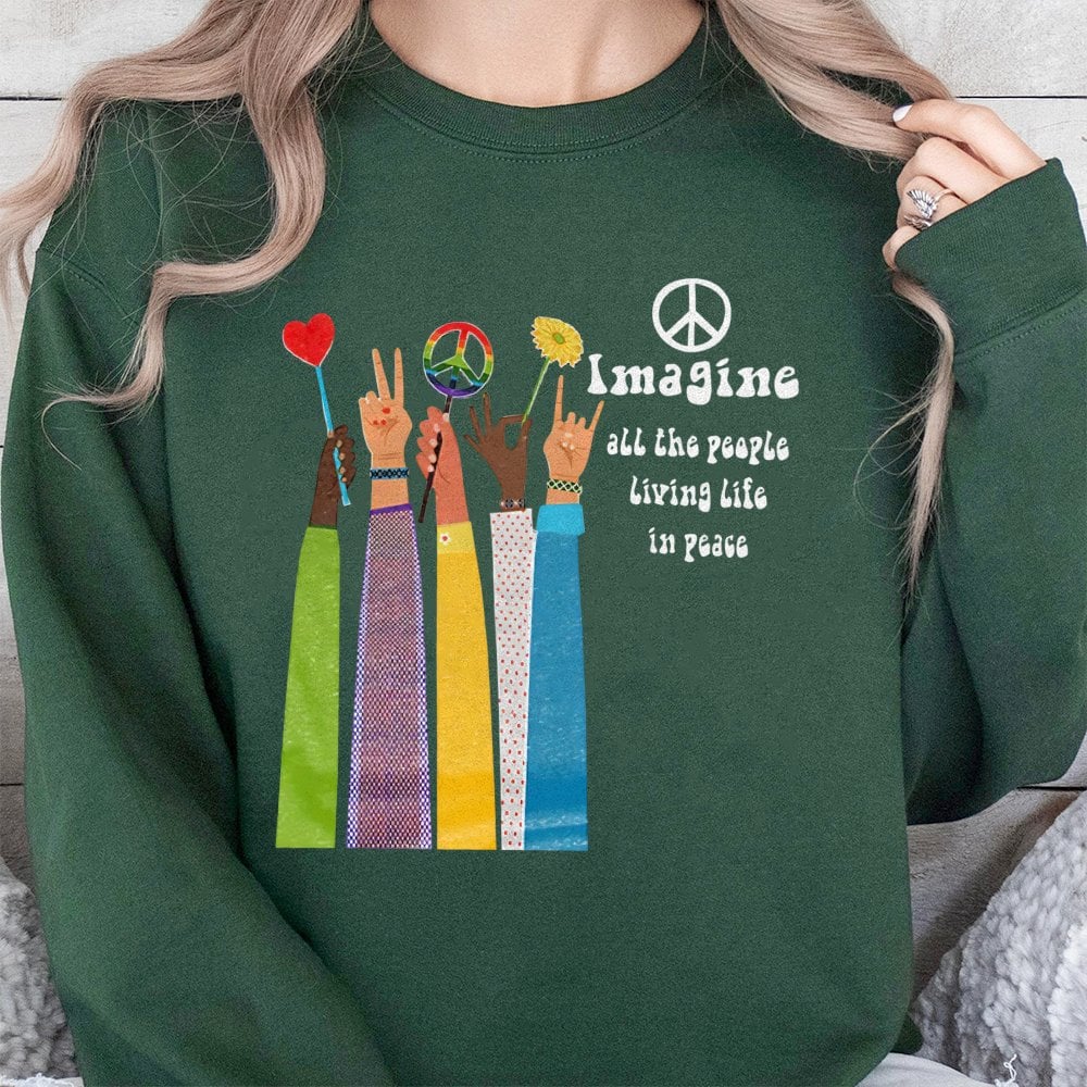 Imagine Peace Graphic Sweatshirt | Retro Hippie Music Quote | Soft Cotton Blend Crewneck | Unisex Boho Gift for Music Lovers