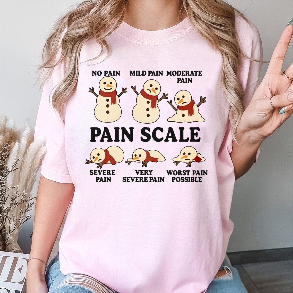Snowman Pain Scale T-Shirt | Funny Melting Christmas Medical Humor | Premium Cotton Tee | Gift for Nurses Doctors and Healthc