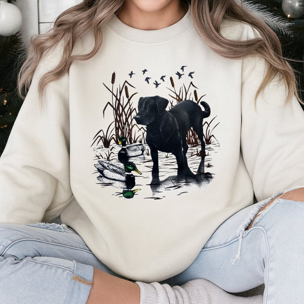 Black Labrador Retriever Sweatshirt | Duck Hunting Nature Graphic | Premium Cotton Blend | Gift for Dog Lover and Outdoorsman