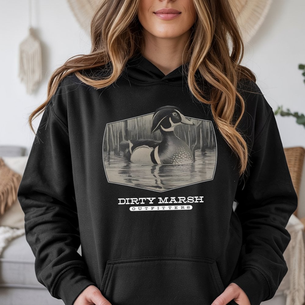 Duck Hunting Hoodie | Vintage Wood Duck Marsh Graphic | Premium Cotton Blend | Waterfowl Outdoor Gift for Hunters
