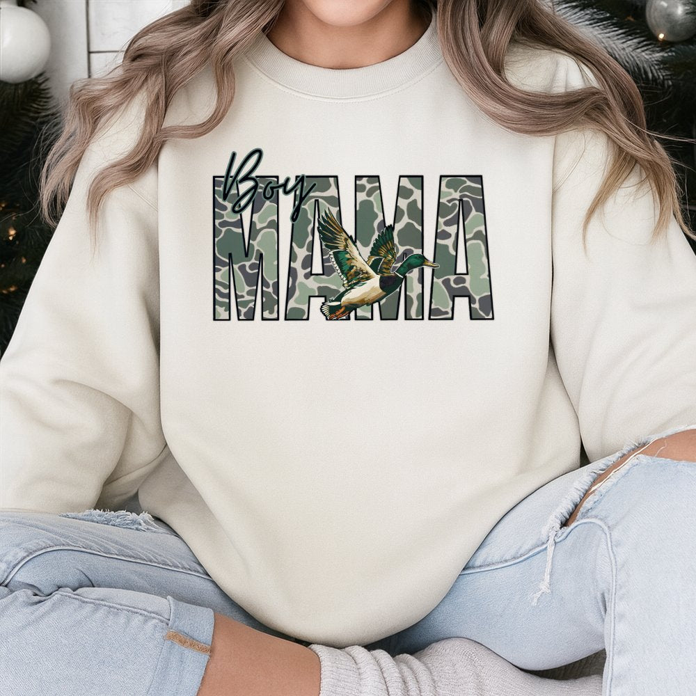 Boy Mama Sweatshirt | Camo Mallard Duck Hunting Design | Premium Cotton Blend Crewneck | Gift For Outdoorsy Mom & Hunting Ent
