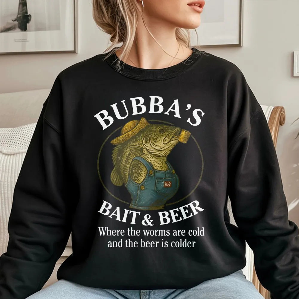 Bubba's Bait & Beer Sweatshirt | Funny Fishing Graphic Apparel | Premium Cotton Blend | Gift for Fishermen & Outdoorsmen
