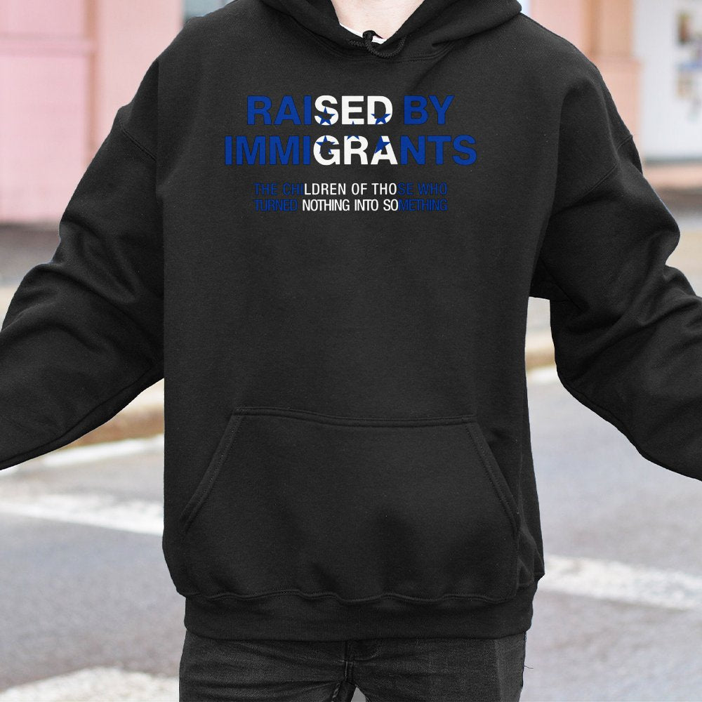 Raised By Immigrants Hoodie | Honduran Heritage Proud Quote Graphic | Premium Cotton Blend Sweatshirt | Gift for First Genera