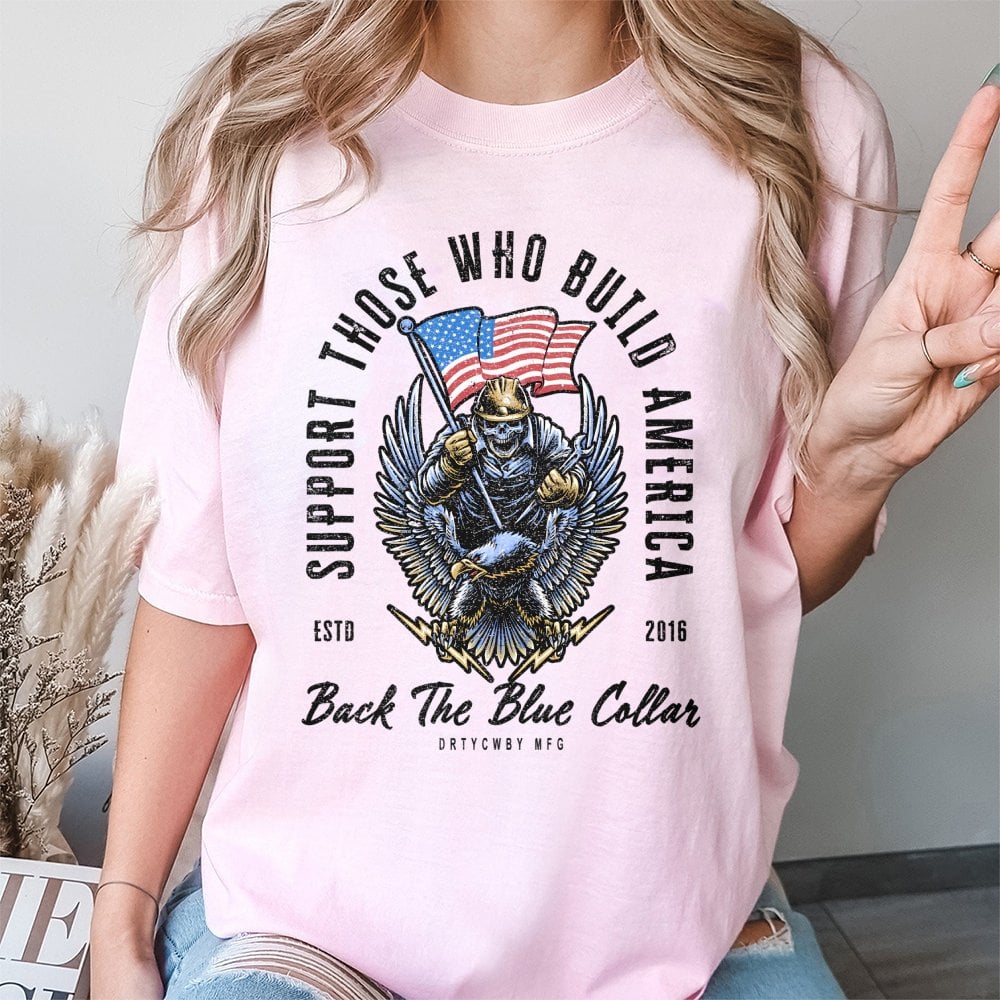 Back The Blue Collar T-Shirt | American Worker Patriotic Graphic | 100% Cotton Premium Tee | Construction Worker Gift for Men