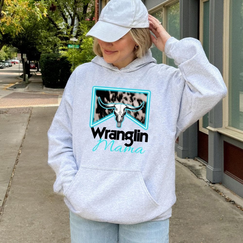 Wranglin Mama Hoodie | Western Cow Skull Graphic Design | Premium Cotton-Poly Blend | Country Ranch Life Gift For Her