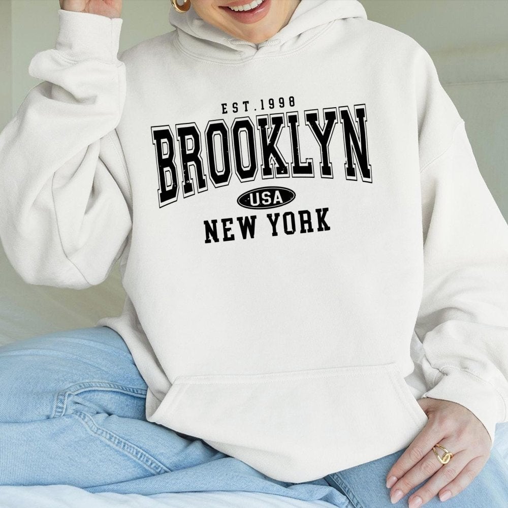 Brooklyn New York Hoodie | Vintage Aesthetic Varsity Lettering | Cotton-Polyester Blend | Unisex City Souvenir Gift