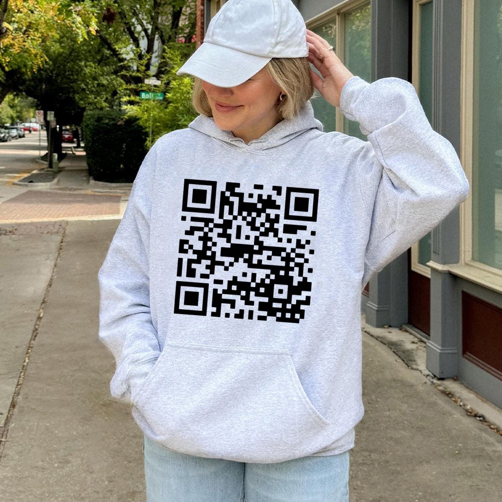 QR Code Graphic Hoodie | Funny Text Hidden Message Design | Premium Cotton Blend Streetwear | Unisex Sarcastic Gift for Tech 