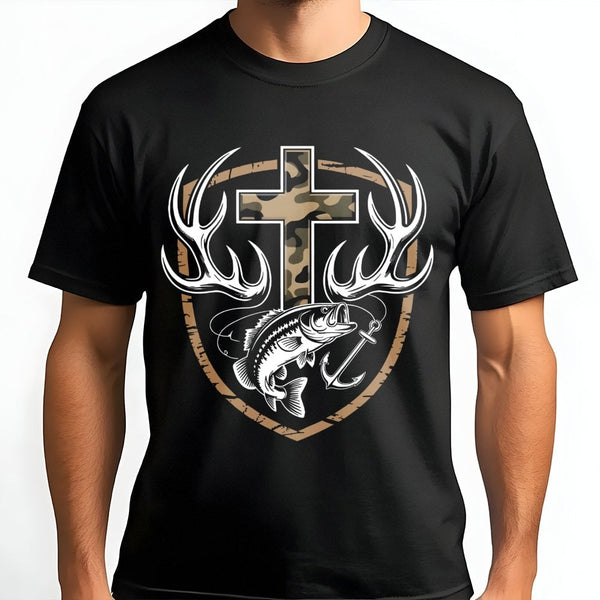 Faith Hunting T-Shirt | Camo Cross Antlers & Bass Fish Graphic | Premium Cotton Unisex Tee | Rustic Outdoor Christian Gift Fo