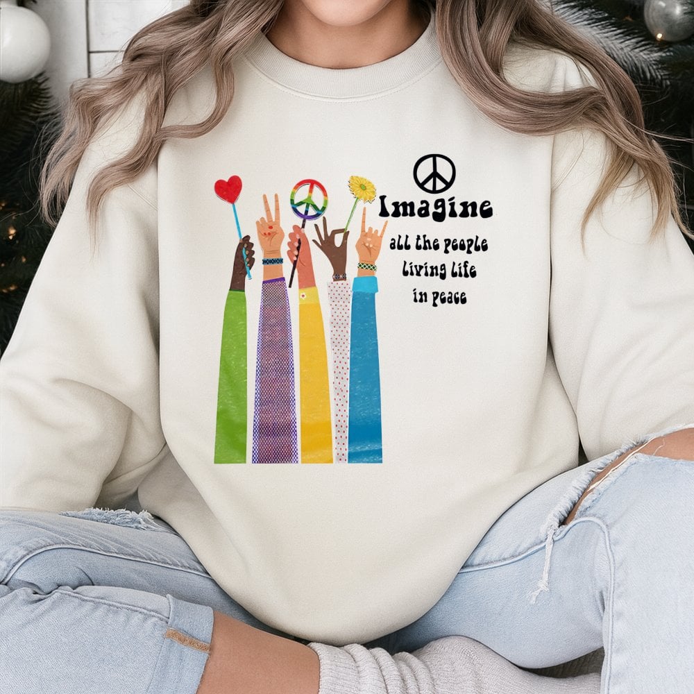 Imagine Peace Graphic Sweatshirt | Retro Hippie Music Quote | Soft Cotton Blend Crewneck | Unisex Boho Gift for Music Lovers
