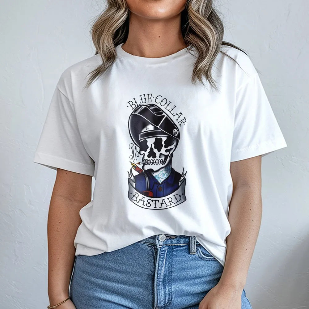 Welder Skull Graphic T-Shirt | Blue Collar Bastard Tattoo Style Art | Premium Cotton Unisex Tee | Funny Gift For Welders And 