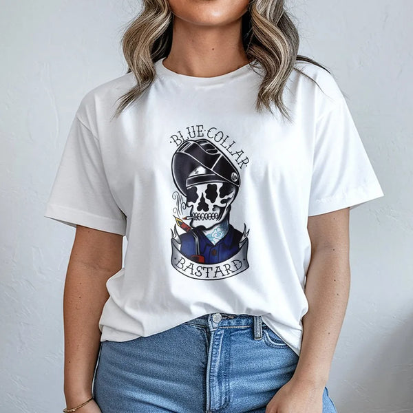 Welder Skull Graphic T-Shirt | Blue Collar Bastard Tattoo Style Art | Premium Cotton Unisex Tee | Funny Gift For Welders And 