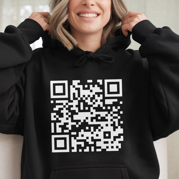 QR Code Graphic Hoodie | Funny Text Hidden Message Design | Premium Cotton Blend Streetwear | Unisex Sarcastic Gift for Tech 