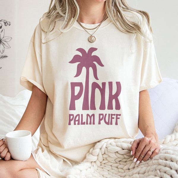Pink Palm Puff T-Shirt | Retro Tropical Beach Aesthetic Graphic | Premium 100% Cotton Tee | Trendy Unisex Summer Gift For Bea