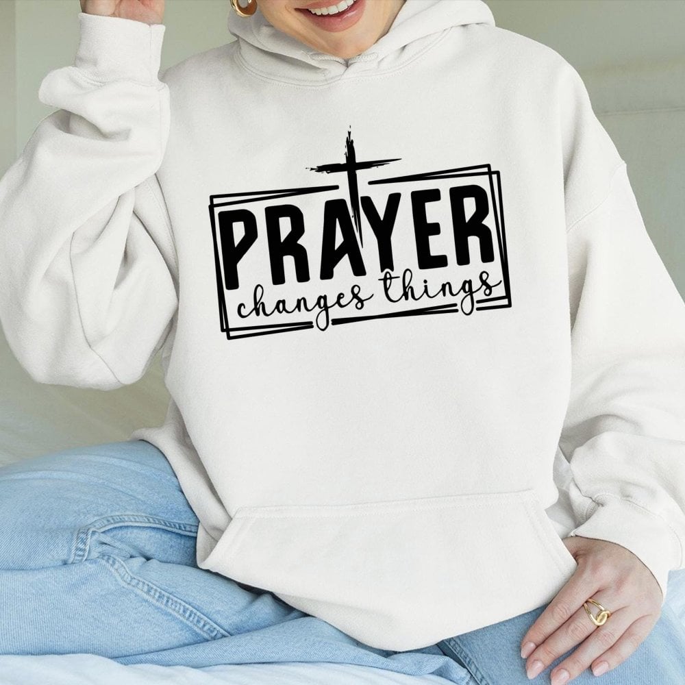Prayer Changes Things Hoodie | Christian Faith Graphic Cross Design | Premium Cotton-Blend Sweatshirt | Religious Gift for Me