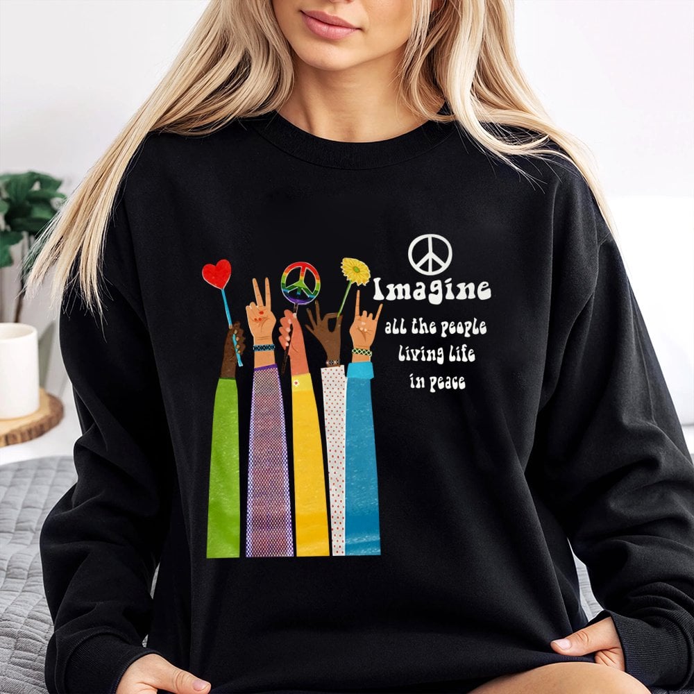 Imagine Peace Graphic Sweatshirt | Retro Hippie Music Quote | Soft Cotton Blend Crewneck | Unisex Boho Gift for Music Lovers