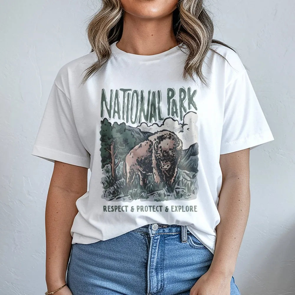 Bison National Park T-Shirt | Vintage Wildlife Graphic Print | Premium Soft Cotton | Nature Lover Gift for Hikers and Campers