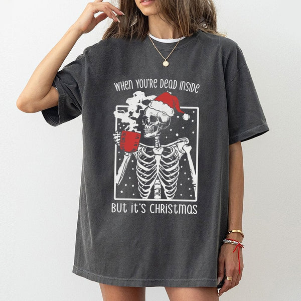 Funny Skeleton Christmas T-Shirt | Dead Inside Coffee Graphic Design | Premium 100% Cotton Tee | Sarcastic Holiday Gift for M