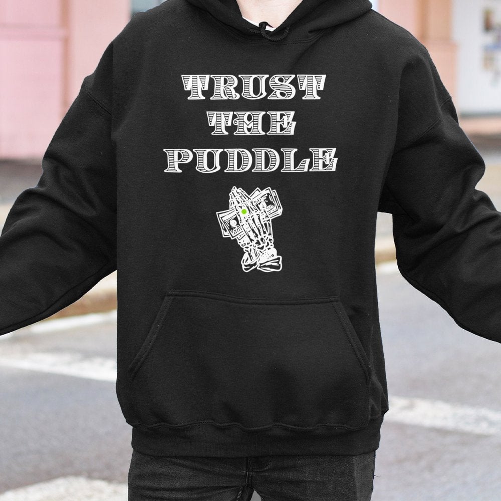 Trust The Puddle Mechanic Hoodie | Skeleton Praying Hands Graphic | Premium Cotton-Poly Blend | Gift for Car Enthusiasts & Ga