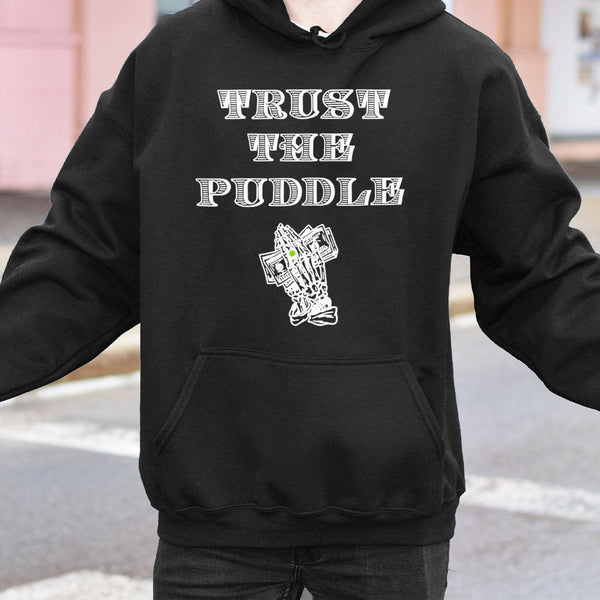 Trust The Puddle Mechanic Hoodie | Skeleton Praying Hands Graphic | Premium Cotton-Poly Blend | Gift for Car Enthusiasts & Ga