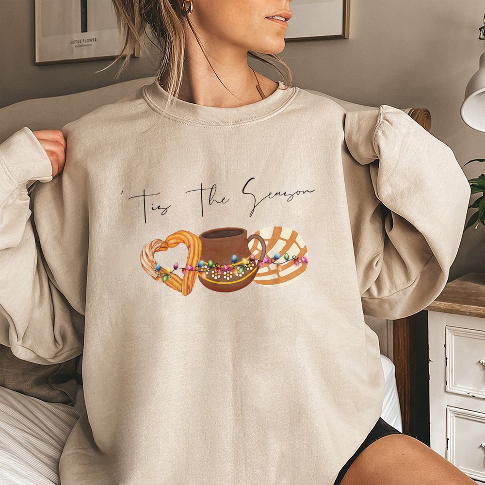 Tis The Season Mexican Christmas Sweatshirt | Churro Concha Hot Chocolate Graphic | Premium Cotton Blend | Holiday Gift For H