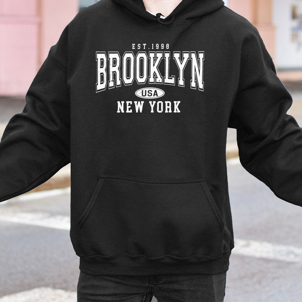 Brooklyn New York Hoodie | Vintage Aesthetic Varsity Lettering | Cotton-Polyester Blend | Unisex City Souvenir Gift