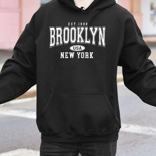 Brooklyn New York Hoodie | Vintage Aesthetic Varsity Lettering | Cotton-Polyester Blend | Unisex City Souvenir Gift