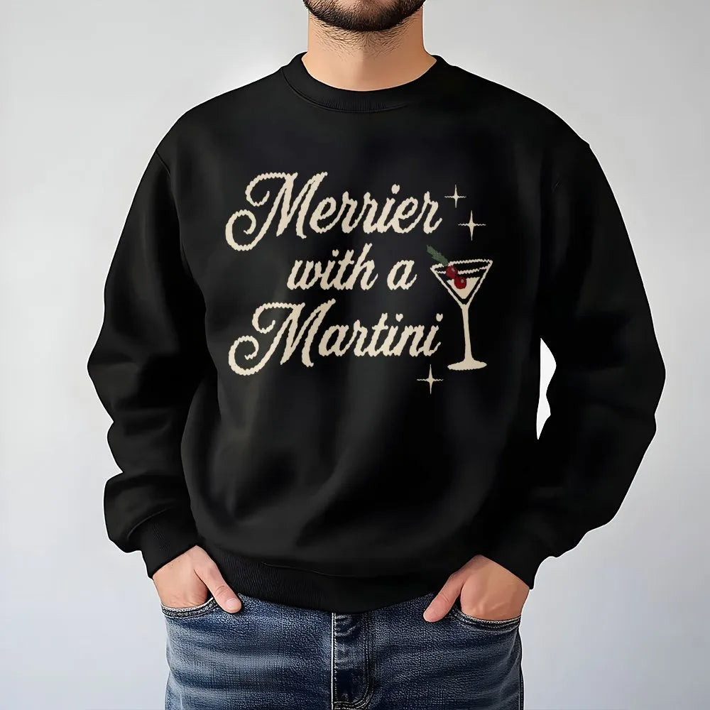 Merrier With A Martini Christmas Sweatshirt | Festive Holiday Drinking Graphic Tee | Premium Cotton Blend Crewneck | Funny Pa