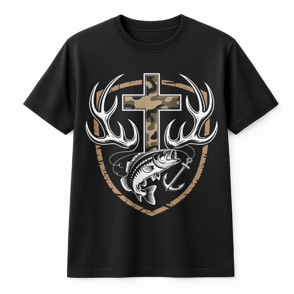 Faith Hunting T-Shirt | Camo Cross Antlers & Bass Fish Graphic | Premium Cotton Unisex Tee | Rustic Outdoor Christian Gift Fo