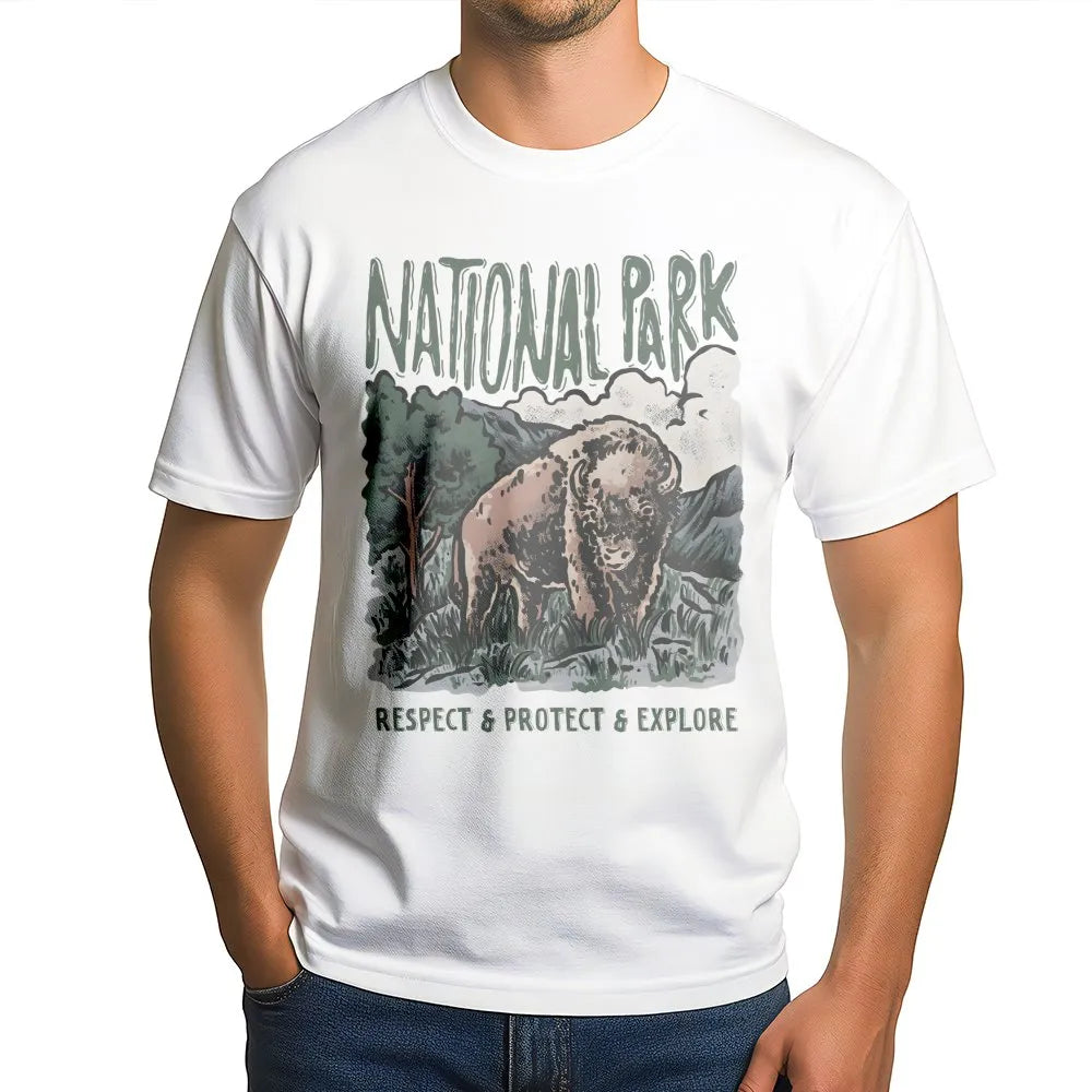 Bison National Park T-Shirt | Vintage Wildlife Graphic Print | Premium Soft Cotton | Nature Lover Gift for Hikers and Campers
