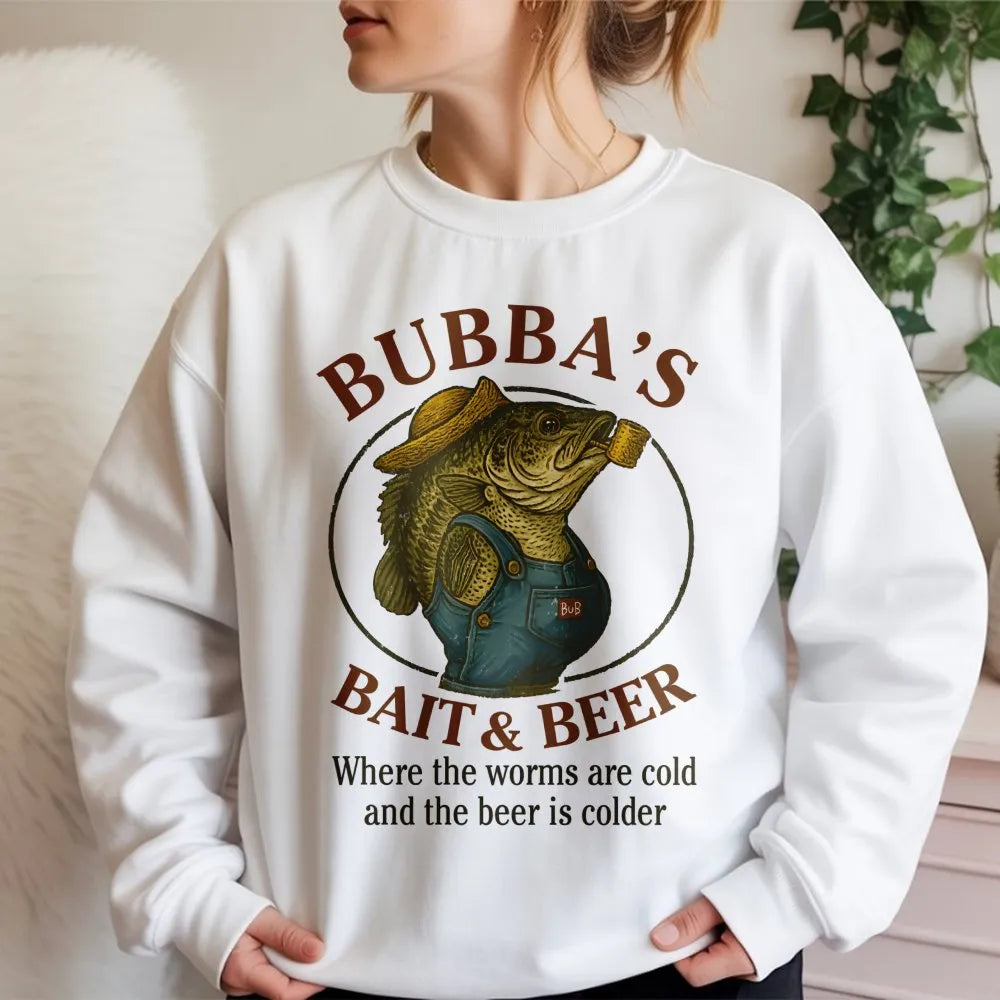 Bubba's Bait & Beer Sweatshirt | Funny Fishing Graphic Apparel | Premium Cotton Blend | Gift for Fishermen & Outdoorsmen
