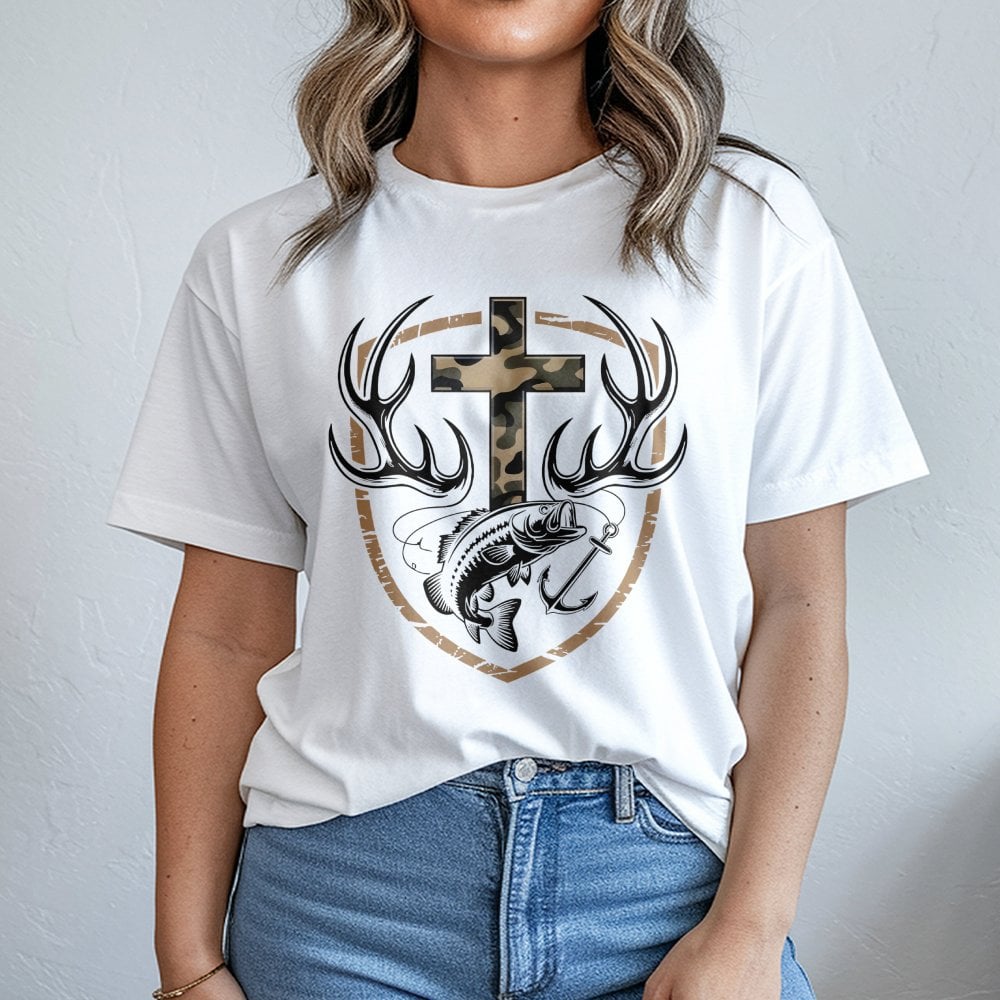 Faith Hunting T-Shirt | Camo Cross Antlers & Bass Fish Graphic | Premium Cotton Unisex Tee | Rustic Outdoor Christian Gift Fo