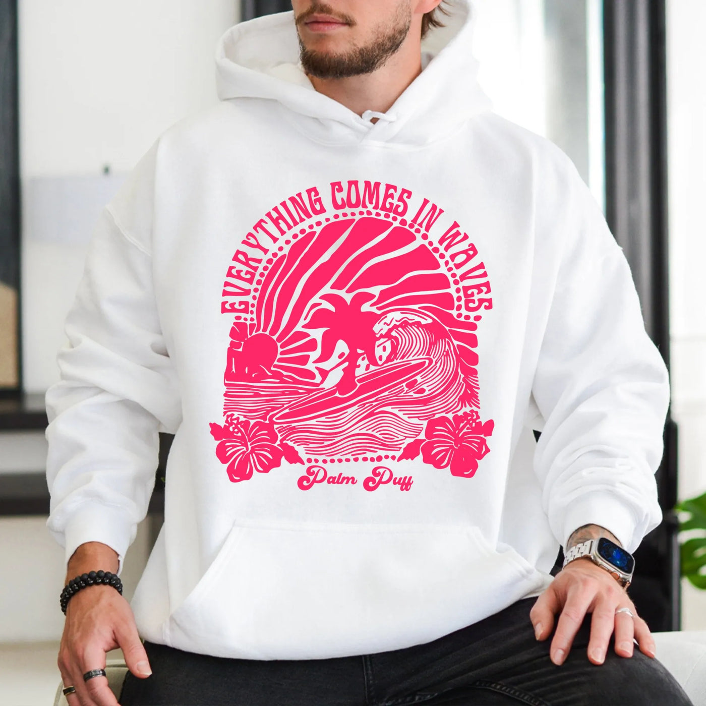 Everything Comes In Waves Hoodie | Retro Surfing Beach Graphic | Premium Cotton Blend | Unisex Tropical Surf Gift for Surfers