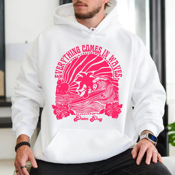 Everything Comes In Waves Hoodie | Retro Surfing Beach Graphic | Premium Cotton Blend | Unisex Tropical Surf Gift for Surfers