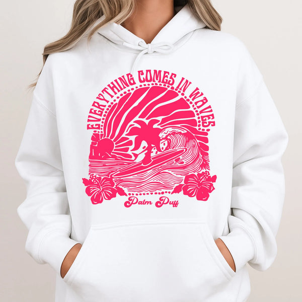 Everything Comes In Waves Hoodie | Retro Surfing Beach Graphic | Premium Cotton Blend | Unisex Tropical Surf Gift for Surfers