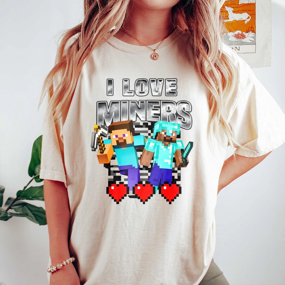 I Love Miners Pixel Graphic T-Shirt | Retro Gamer Mining Adventure Tee | 100% Cotton Premium Quality | Funny Video Game Gift 