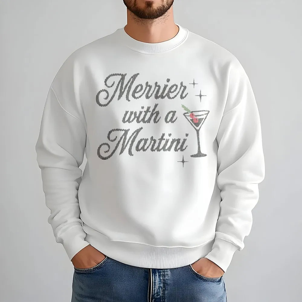 Merrier With A Martini Christmas Sweatshirt | Festive Holiday Drinking Graphic Tee | Premium Cotton Blend Crewneck | Funny Pa