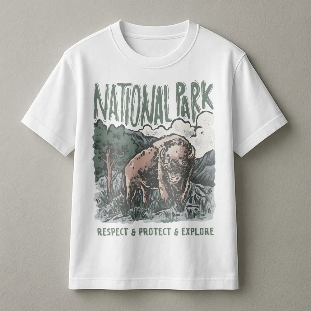Bison National Park T-Shirt | Vintage Wildlife Graphic Print | Premium Soft Cotton | Nature Lover Gift for Hikers and Campers