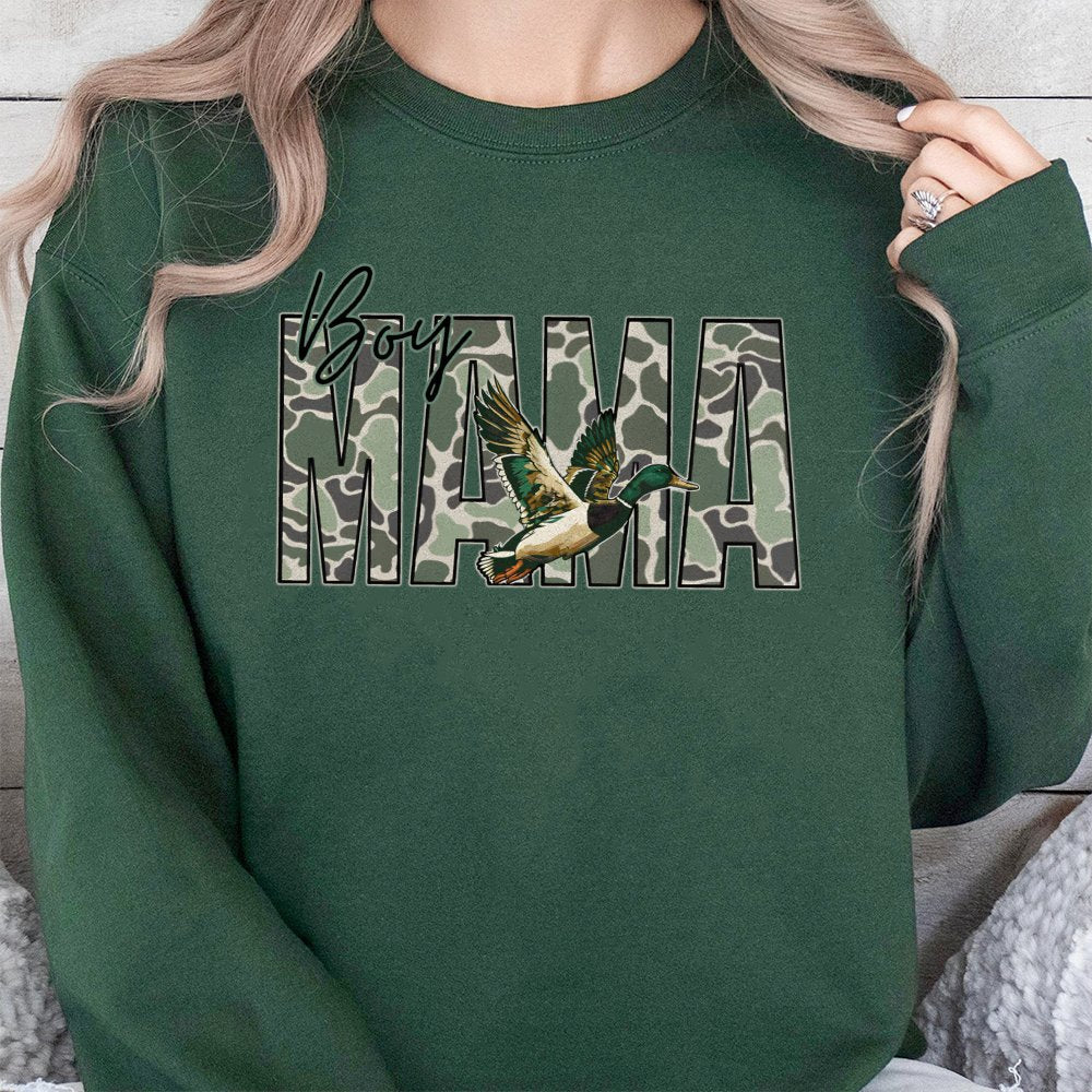 Boy Mama Sweatshirt | Camo Mallard Duck Hunting Design | Premium Cotton Blend Crewneck | Gift For Outdoorsy Mom & Hunting Ent