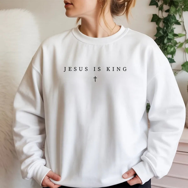 Jesus Is King Sweatshirt | Minimalist Christian Graphic Apparel | Soft Cotton Blend Crewneck | Religious Gift for Men and Wom