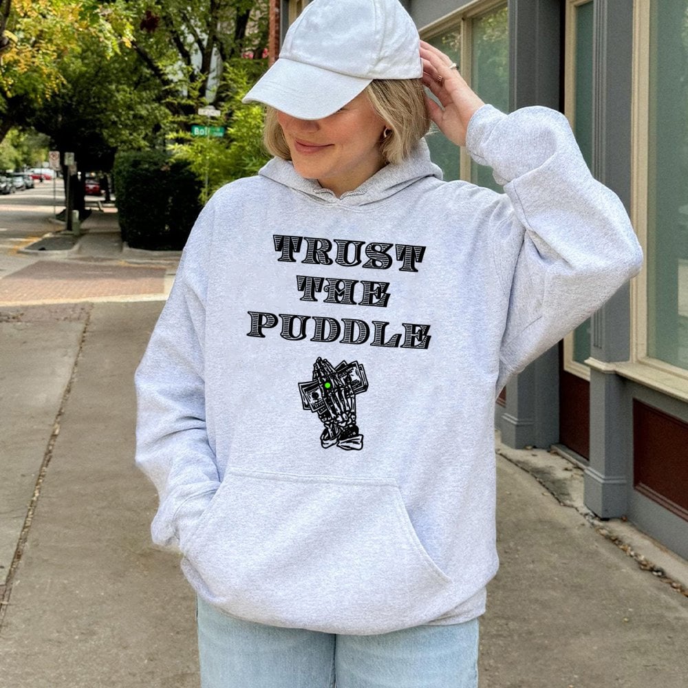 Trust The Puddle Mechanic Hoodie | Skeleton Praying Hands Graphic | Premium Cotton-Poly Blend | Gift for Car Enthusiasts & Ga