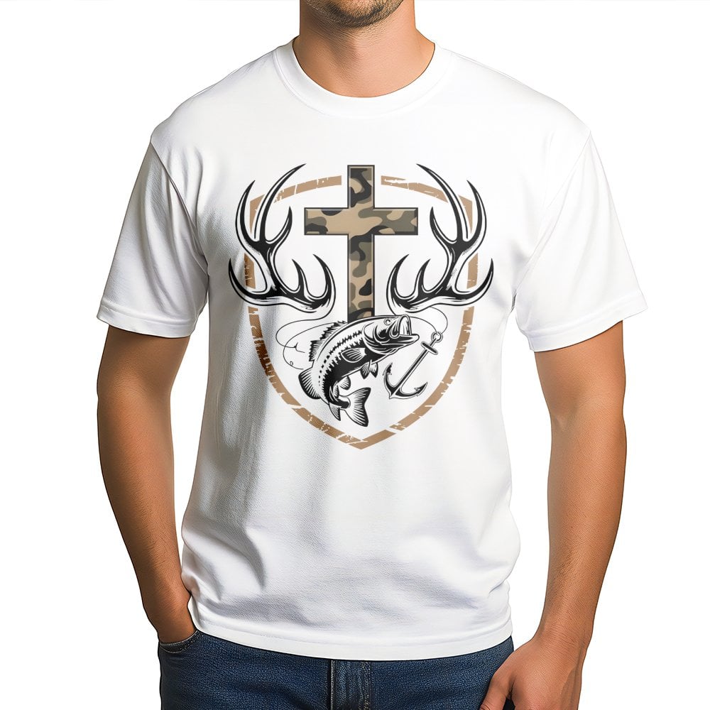 Faith Hunting T-Shirt | Camo Cross Antlers & Bass Fish Graphic | Premium Cotton Unisex Tee | Rustic Outdoor Christian Gift Fo
