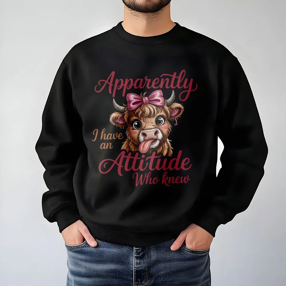 Highland Cow Sweatshirt | Apparently I Have An Attitude Funny Graphic | Premium Cotton Blend | Gift For Farm Animal Lovers An
