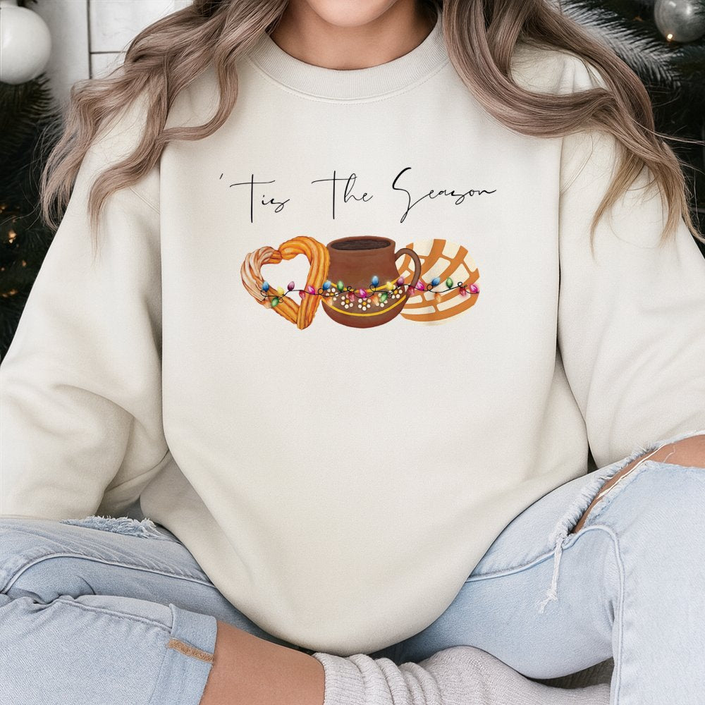 Tis The Season Mexican Christmas Sweatshirt | Churro Concha Hot Chocolate Graphic | Premium Cotton Blend | Holiday Gift For H