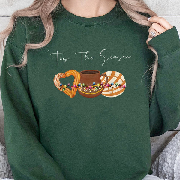 Tis The Season Mexican Christmas Sweatshirt | Churro Concha Hot Chocolate Graphic | Premium Cotton Blend | Holiday Gift For H
