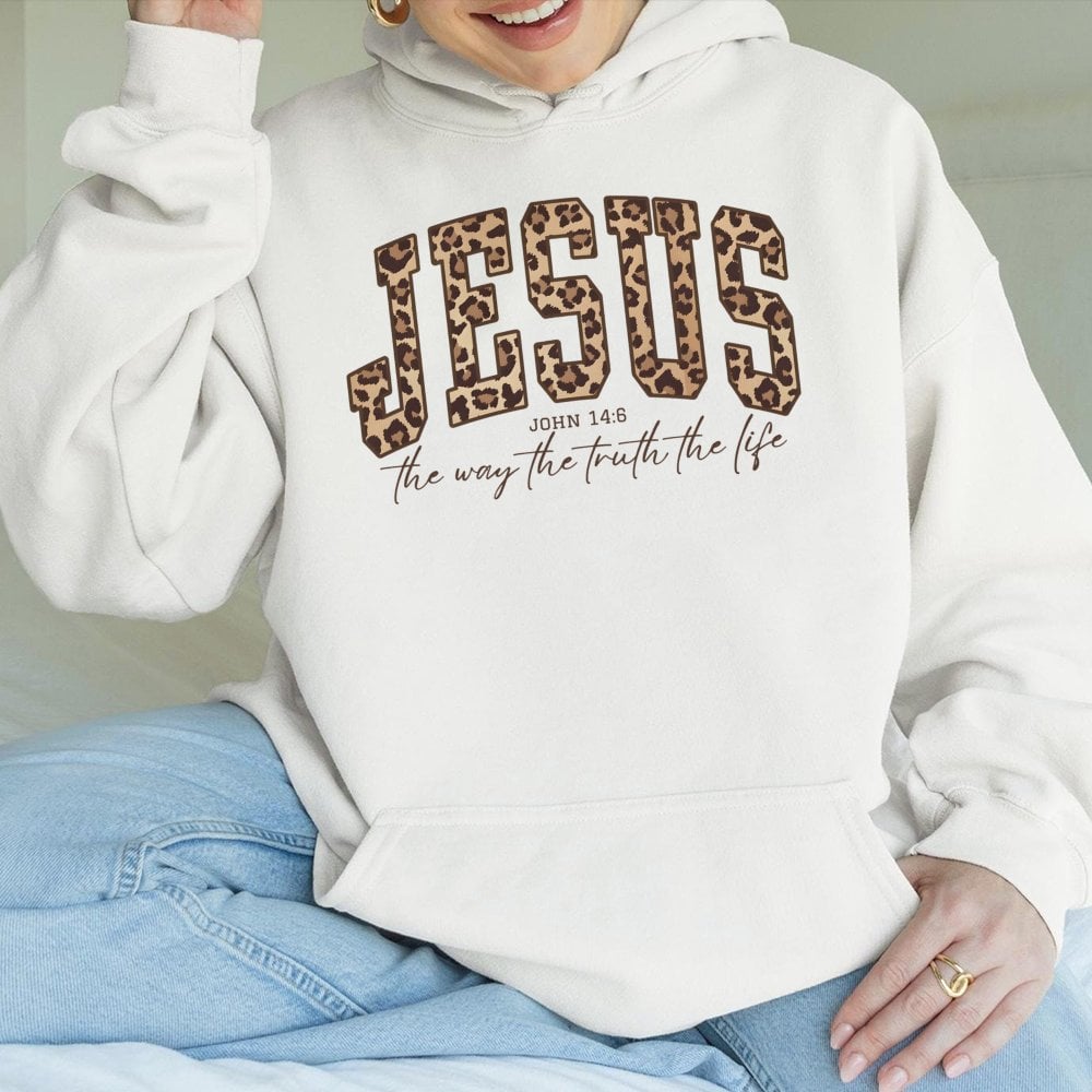 Jesus Leopard Print Hoodie | John 14:6 Bible Verse Graphic | Premium Cotton-Poly Blend | Christian Faith Gift for Women & Men