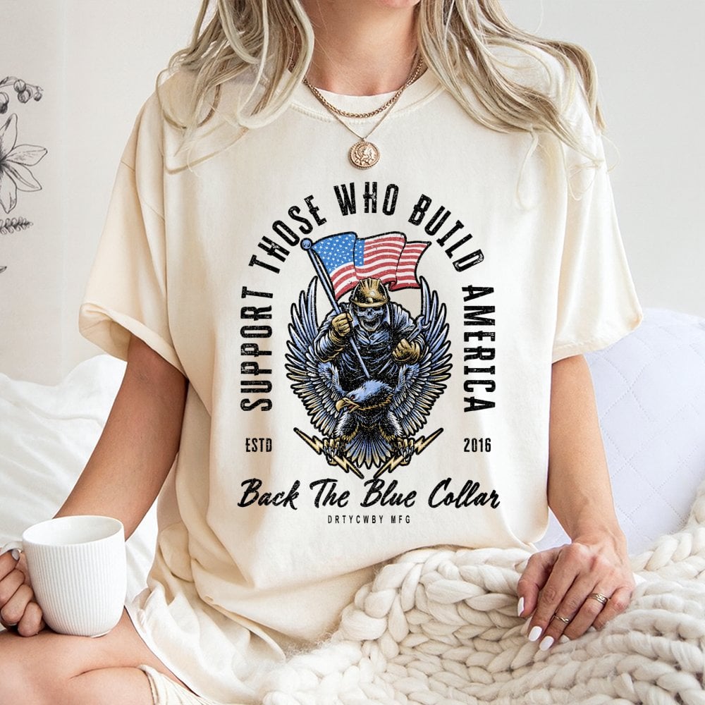 Back The Blue Collar T-Shirt | American Worker Patriotic Graphic | 100% Cotton Premium Tee | Construction Worker Gift for Men
