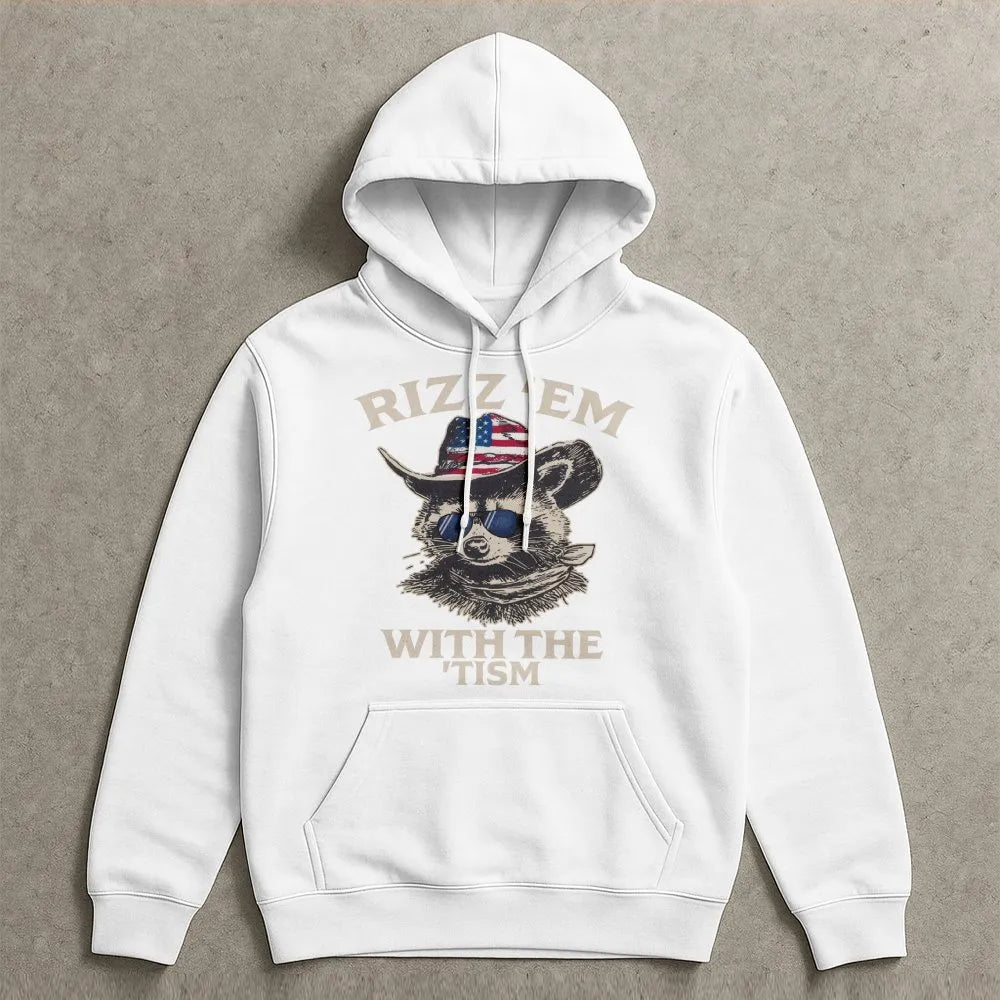 Rizz Em With The Tism Hoodie | Funny Raccoon Cowboy Graphic | Premium Soft Cotton Blend | Gift For Neurodivergent Friends Adu