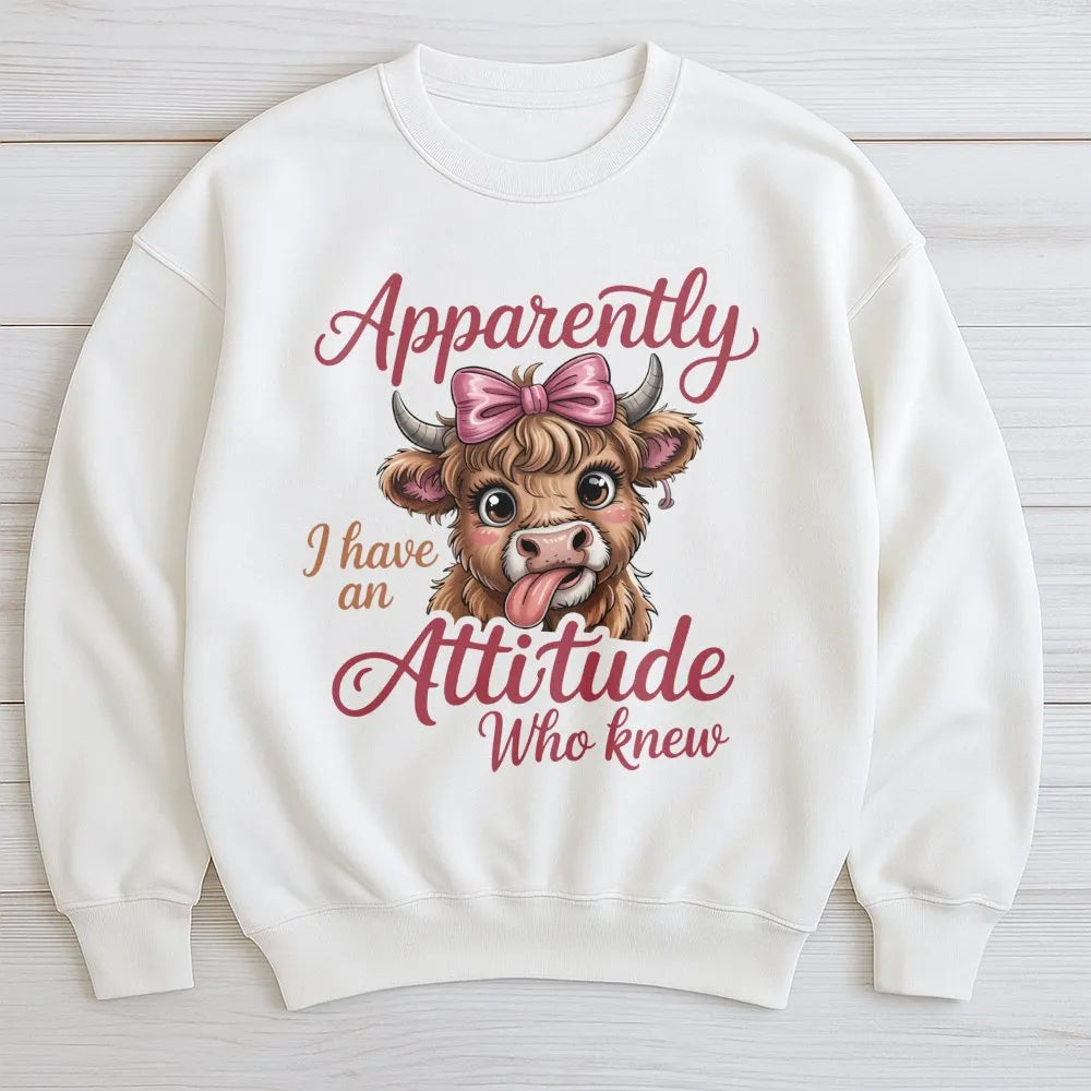 Highland Cow Sweatshirt | Apparently I Have An Attitude Funny Graphic | Premium Cotton Blend | Gift For Farm Animal Lovers An